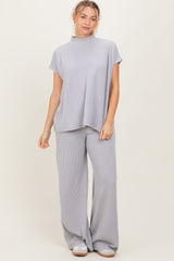 Light Grey Textured Rib Mock Neck Short Sleeve Pant Set