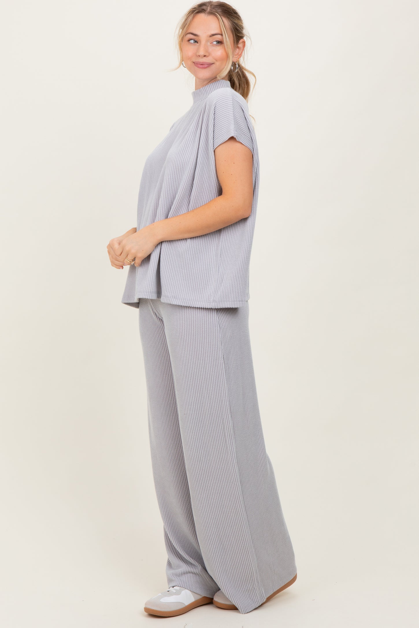 Light Grey Textured Rib Mock Neck Short Sleeve Pant Set