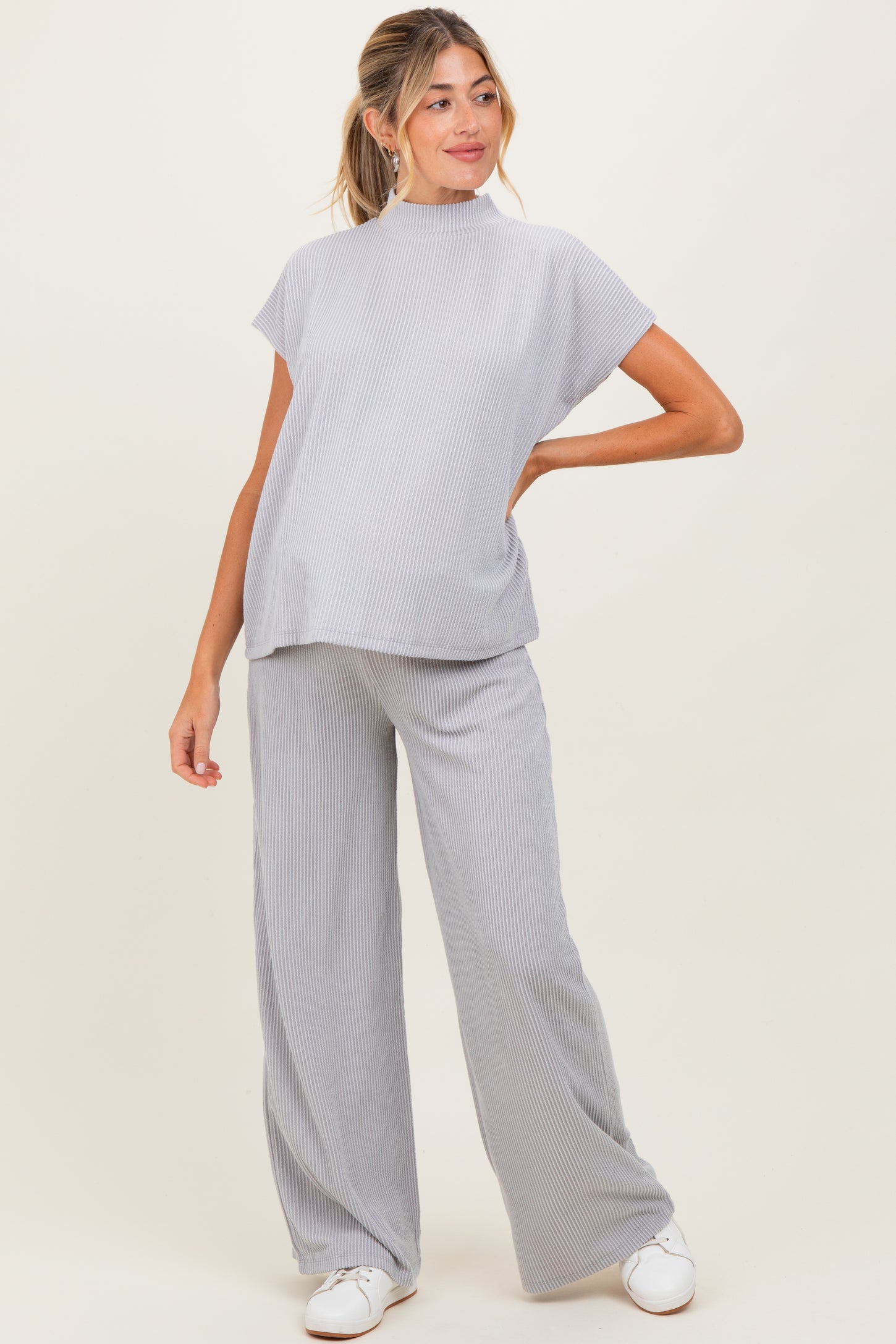 Light Grey Textured Rib Mock Neck Short Sleeve Pant Maternity Set