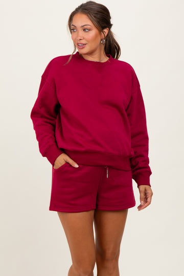 Burgundy Fleece Sweatshirt Shorts Maternity Set