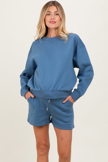 Blue Fleece Sweatshirt Shorts Maternity Set