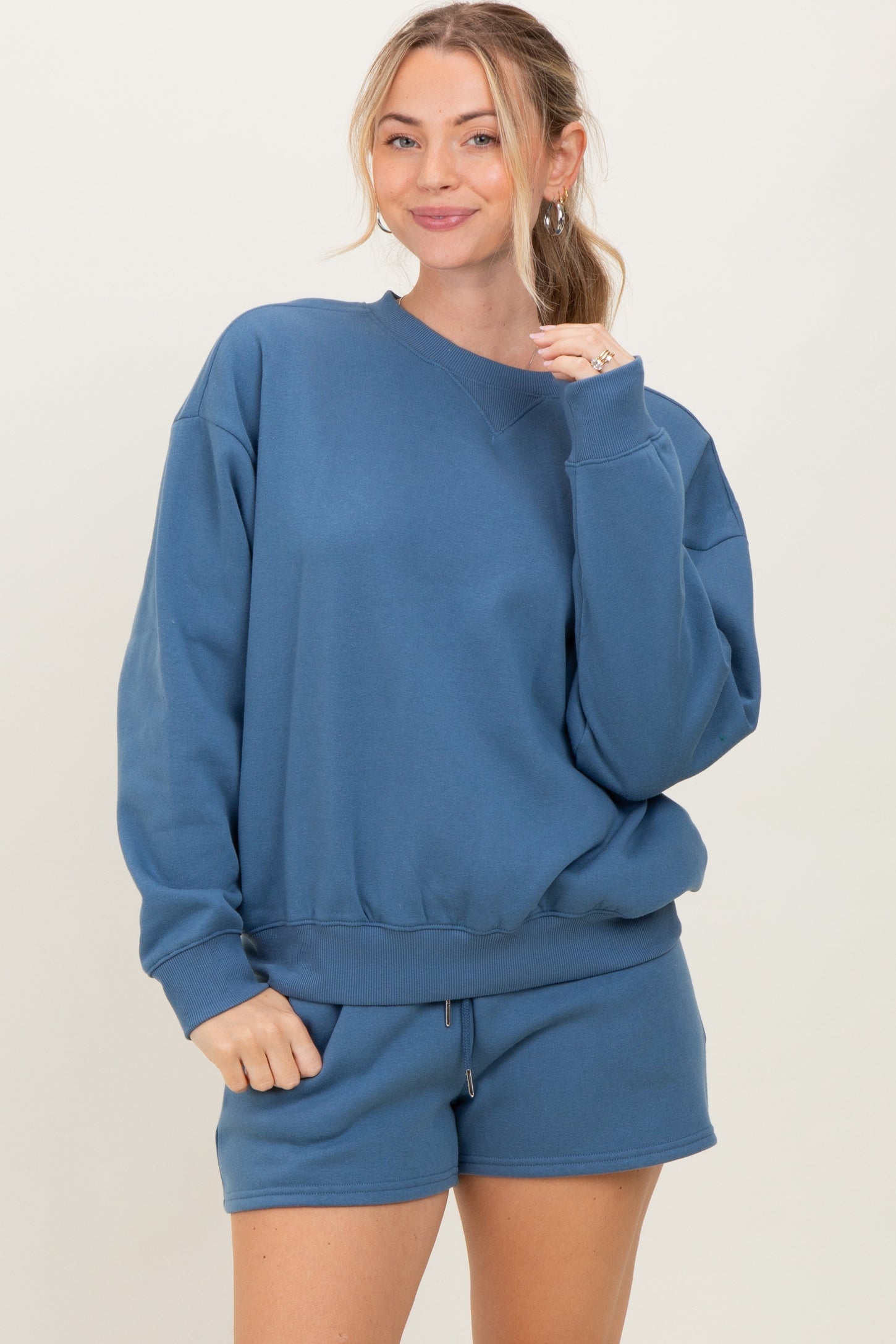 Blue Fleece Sweatshirt Shorts Maternity Set