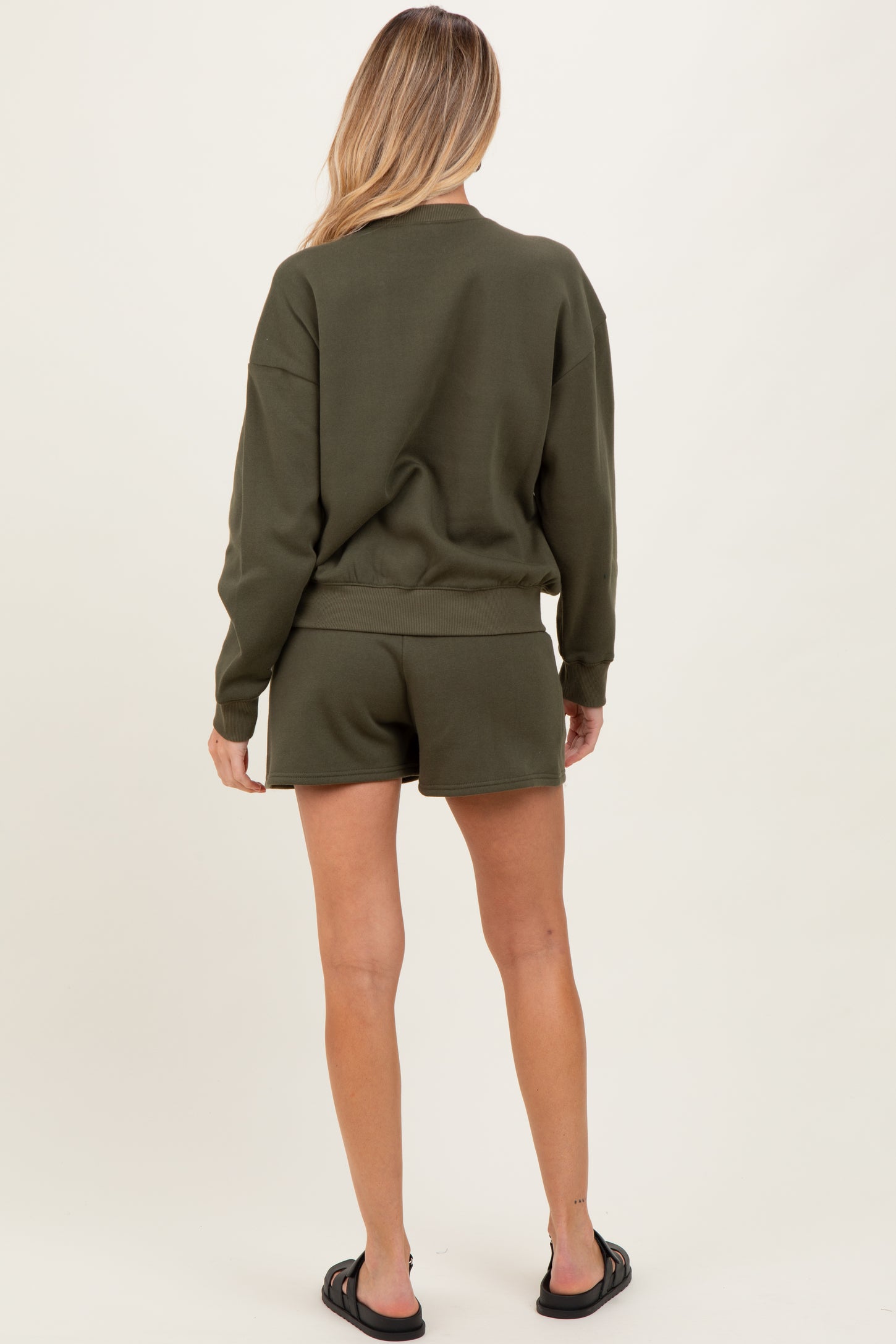 Olive Fleece Sweatshirt Shorts Maternity Set