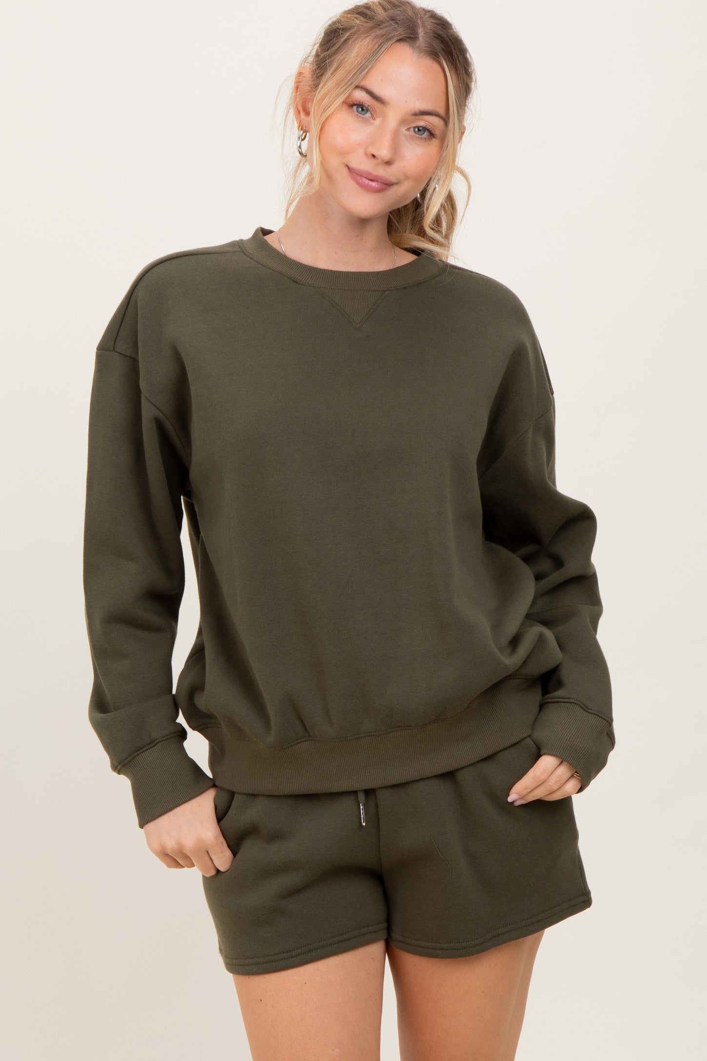Olive Fleece Sweatshirt Shorts Maternity Set