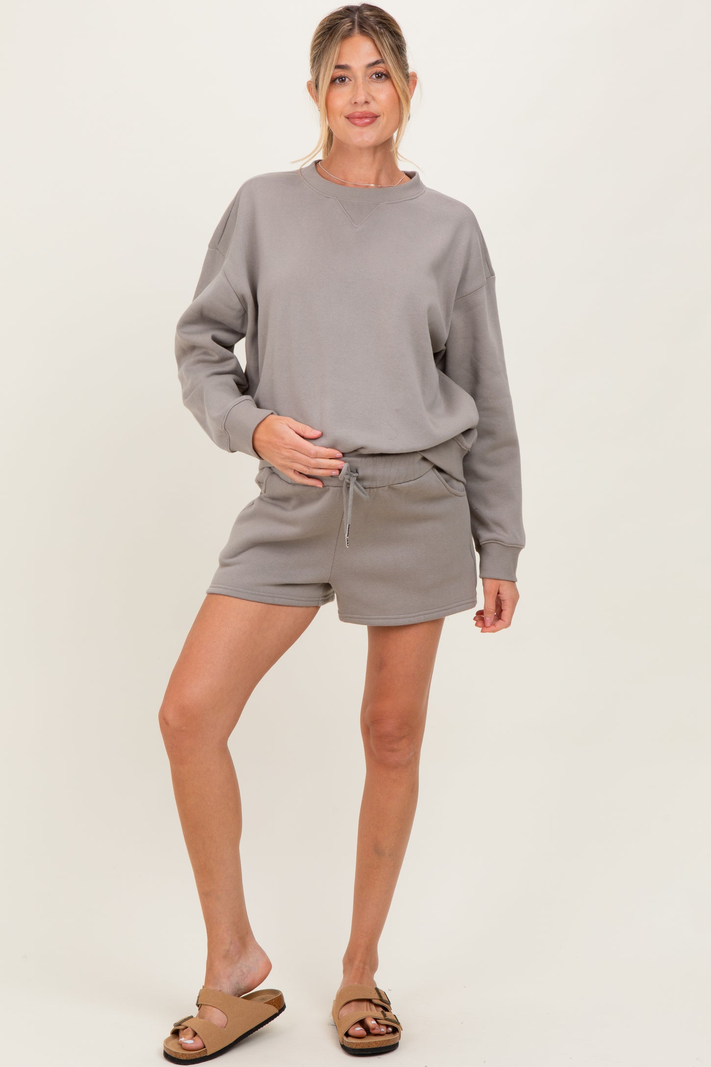 Taupe Fleece Sweatshirt Shorts Maternity Set