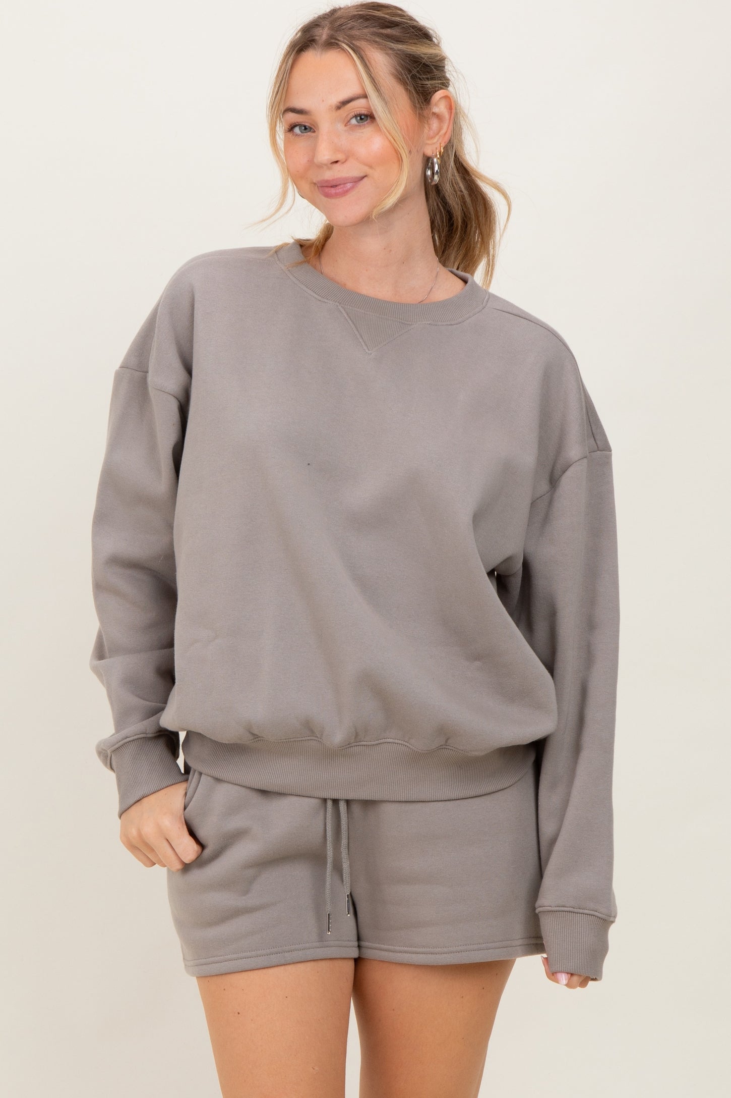 Taupe Fleece Sweatshirt Shorts Maternity Set