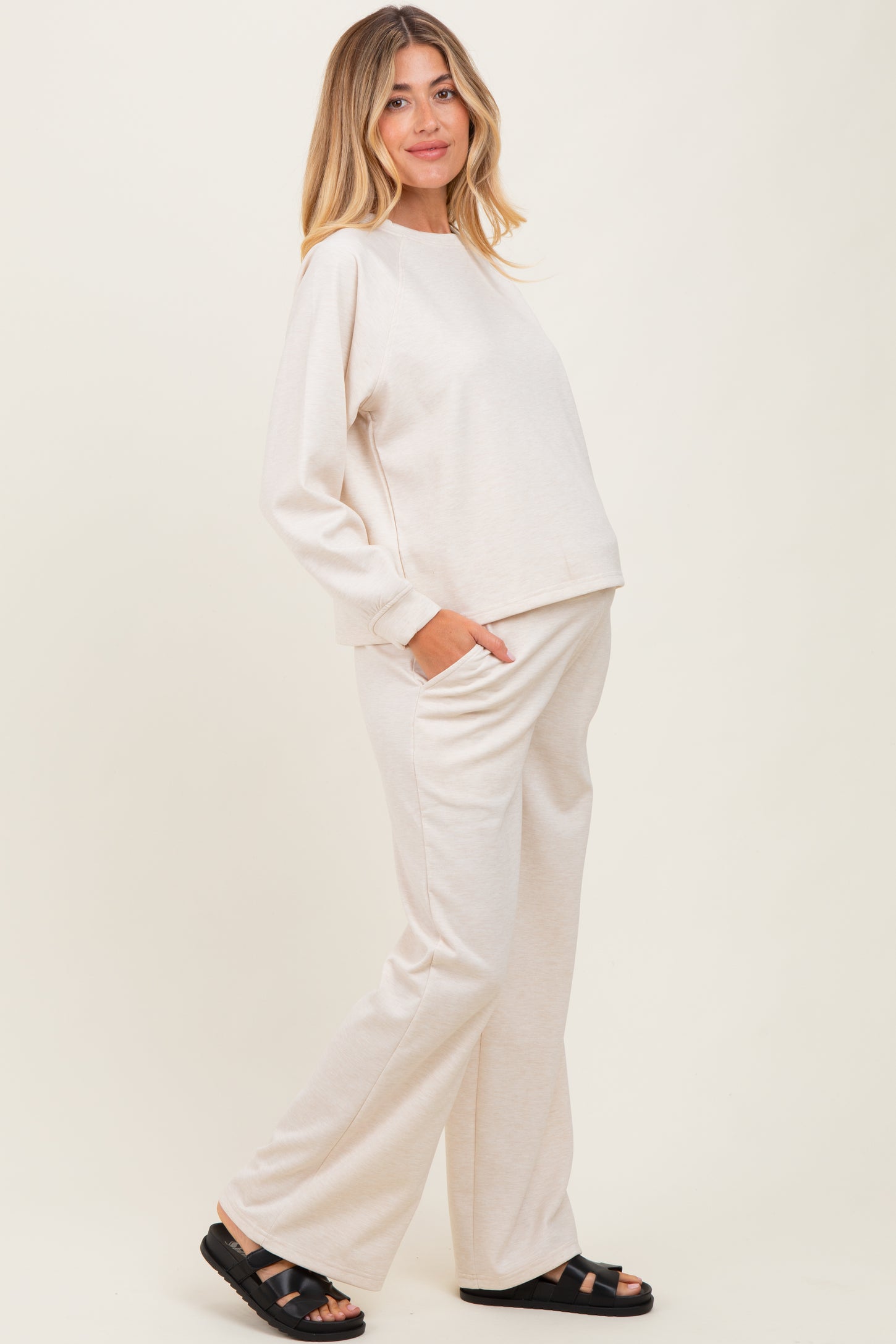 Cream Crewneck Pullover Pant Maternity Set