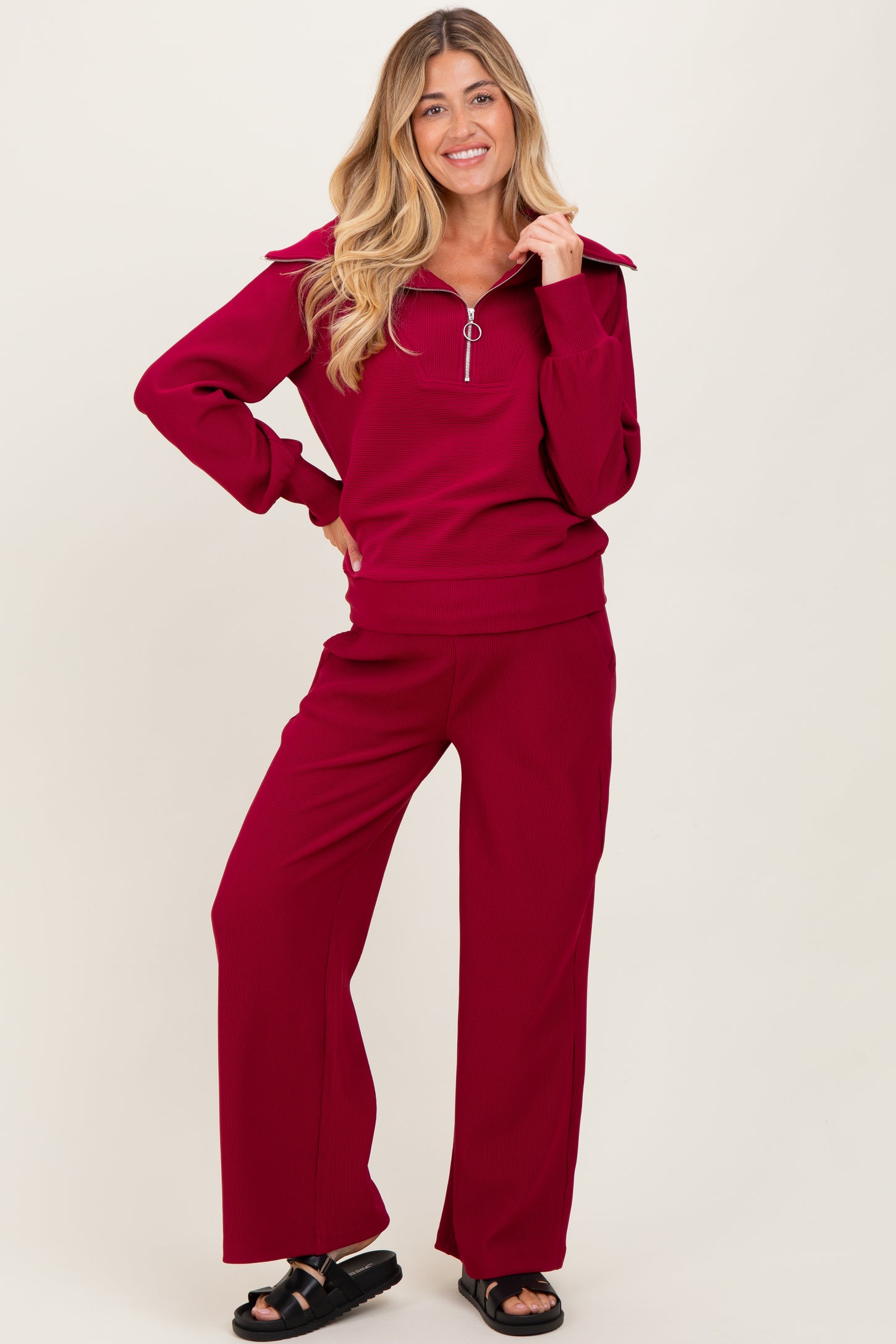 Burgundy RIbbed Half Zip Pullover Wide Leg Pant Maternity Set