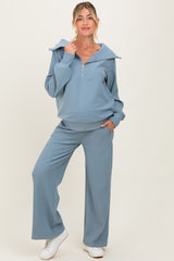 Light Blue RIbbed Half Zip Pullover Wide Leg Pant Maternity Set
