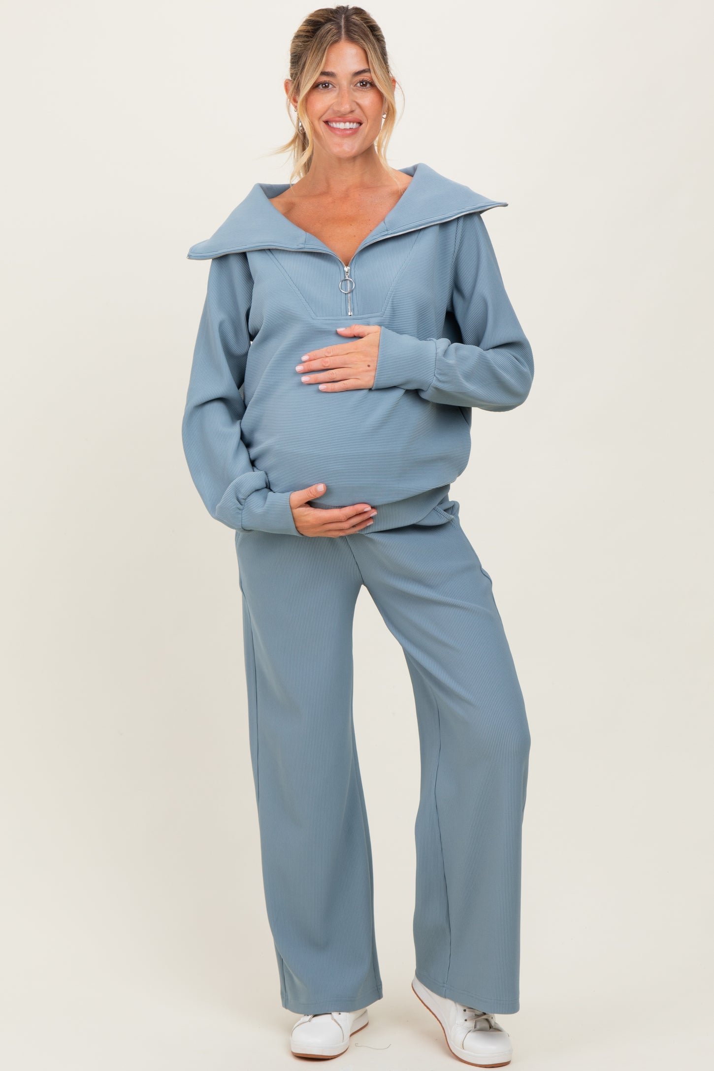 Light Blue RIbbed Half Zip Pullover Wide Leg Pant Maternity Set