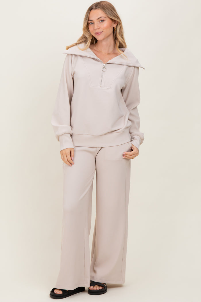 Cream RIbbed Half Zip Pullover Wide Leg Pant Maternity Set