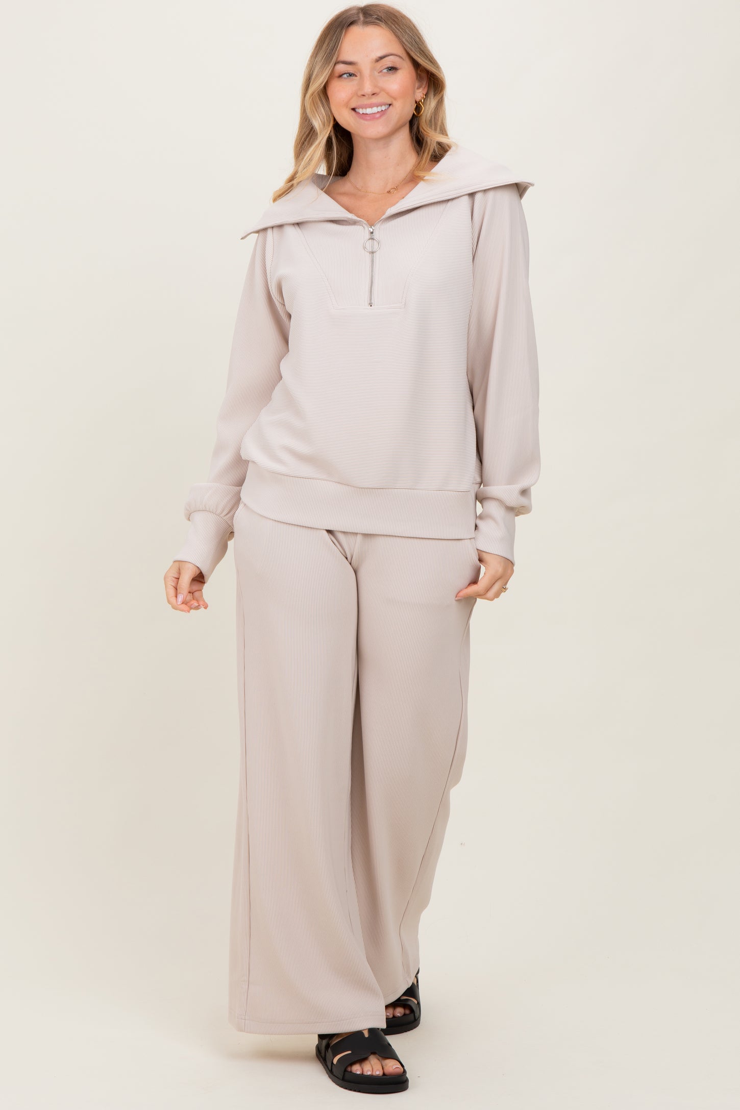 Cream RIbbed Half Zip Pullover Wide Leg Pant Set