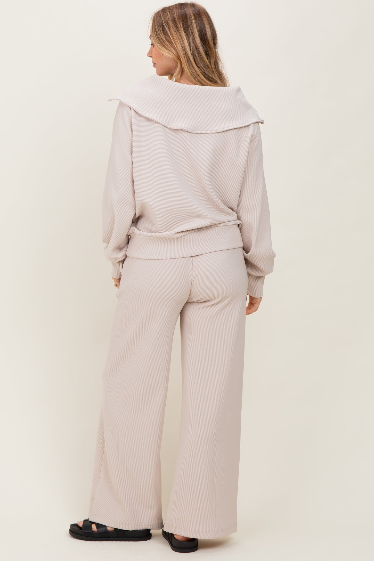 Cream RIbbed Half Zip Pullover Wide Leg Pant Set