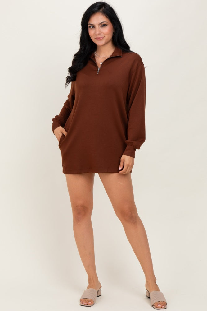 Brown Half Zip Long Sleeve Mini Dress
