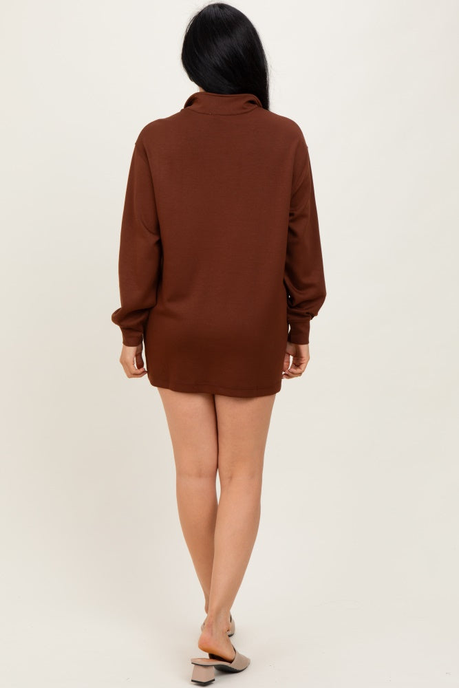 Brown Half Zip Long Sleeve Mini Dress