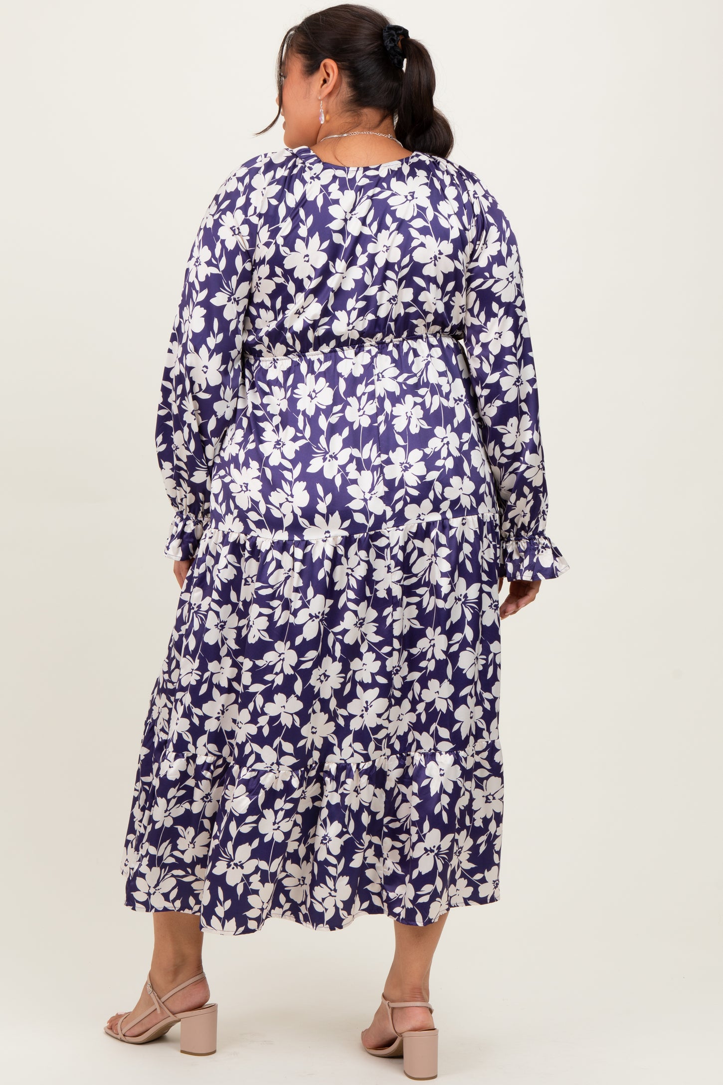 Navy Floral Tiered Ruched V-Neck Satin Plus Maxi Dress