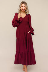 Burgundy Smocked Tiered Long Sleeve Plus Maxi Dress