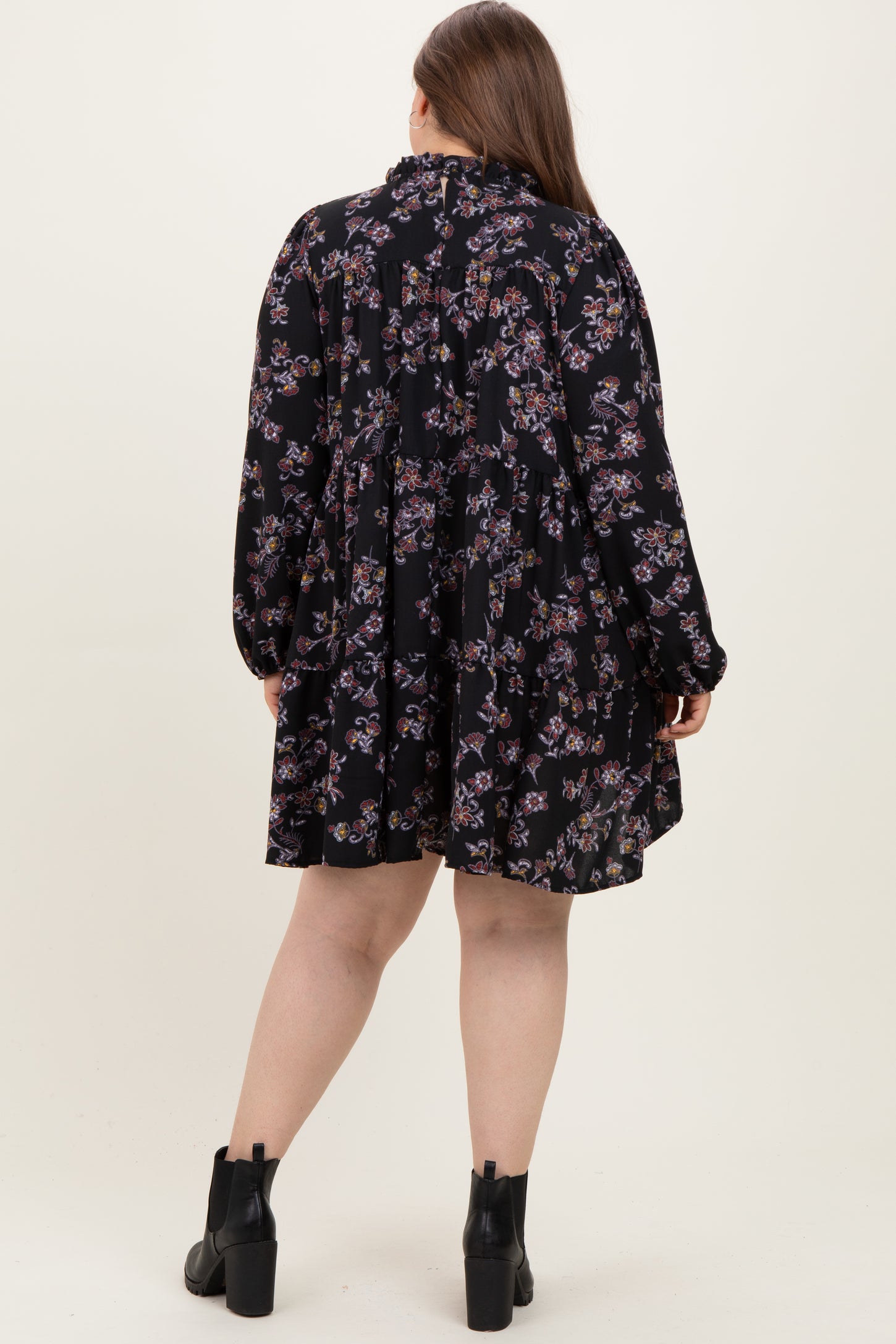 Black Floral Tiered Long Sleeve Plus Maternity Dress