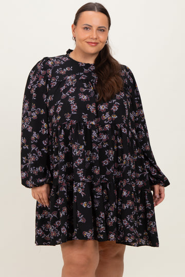 Black Floral Tiered Long Sleeve Plus Dress