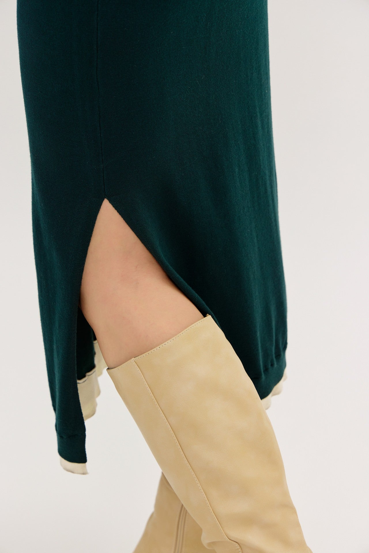 Dark Green Sweater Side Slit Midi Dress
