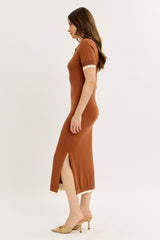 woman wearing a brown ribbed knit midi dress with short sleeves and side slits, paired with beige heels