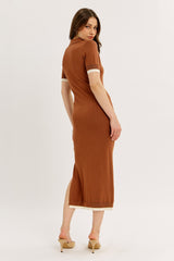 Camel Sweater Side Slit Midi Dress