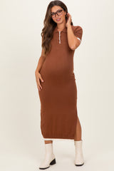 Camel Sweater Side Slit Maternity Midi Dress