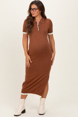 Camel Sweater Side Slit Maternity Midi Dress