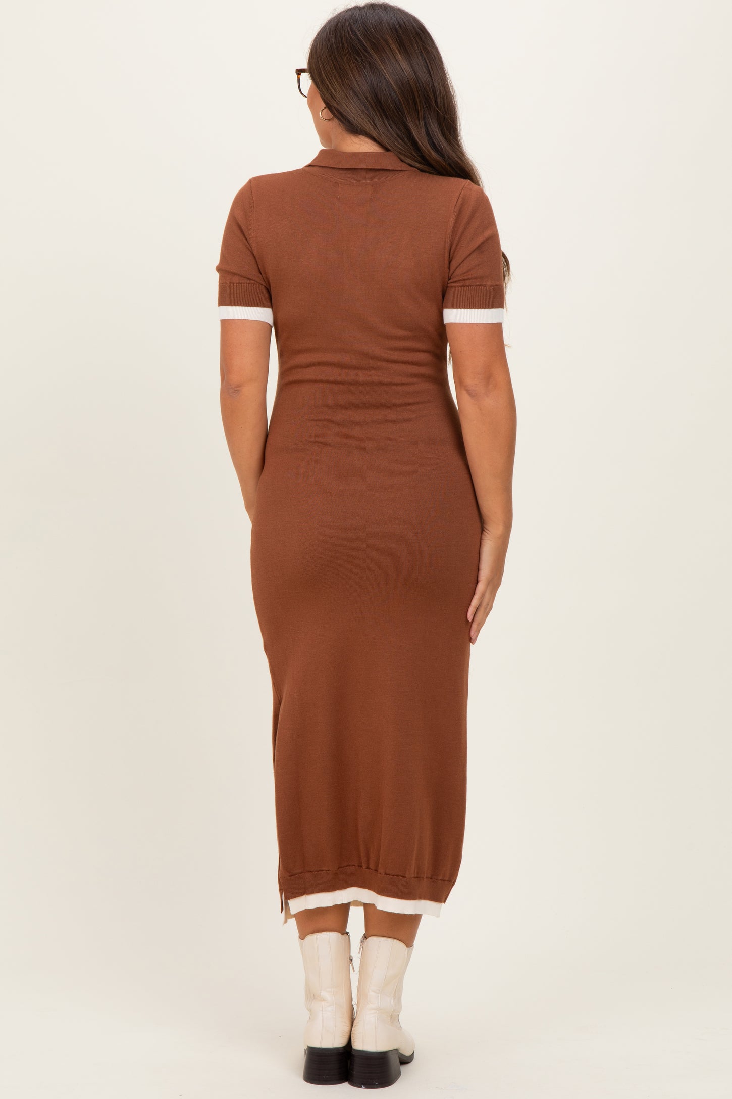 Camel Sweater Side Slit Maternity Midi Dress