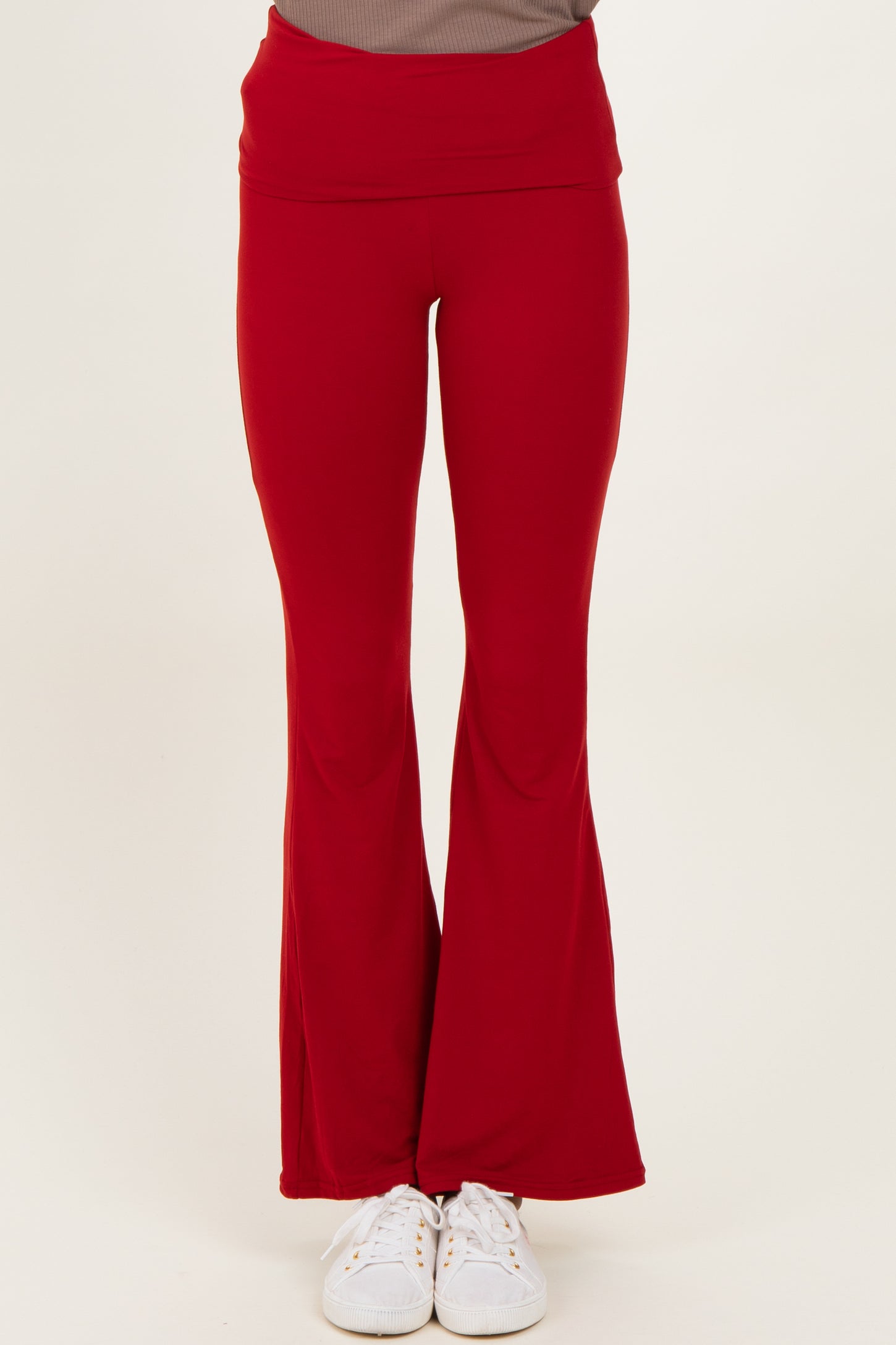 Red Fold Over Waistband Flared Pants