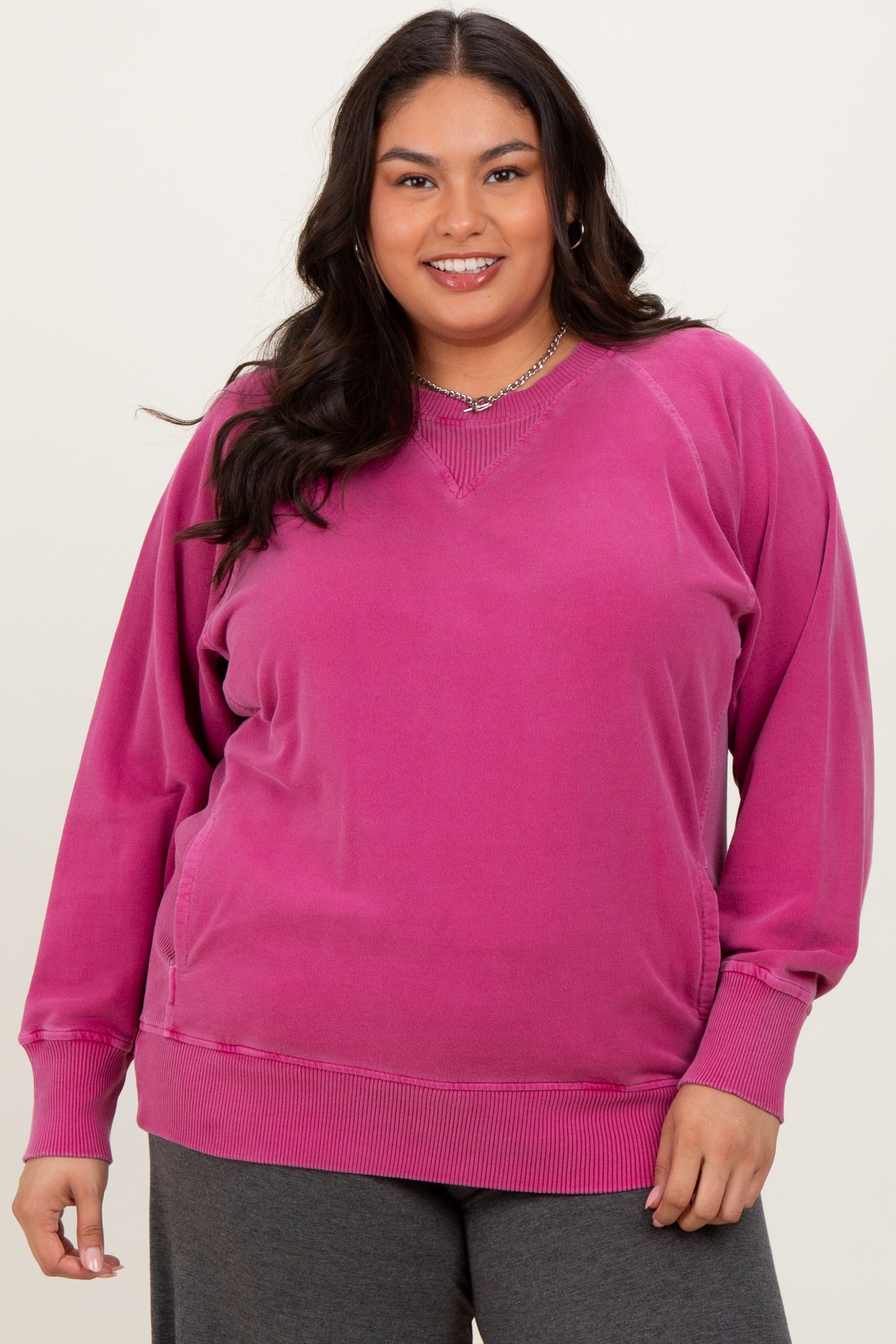 Fuchsia Vintage Wash French Terry Maternity Plus Pullover