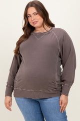 Brown Vintage Wash French Terry Maternity Plus Pullover