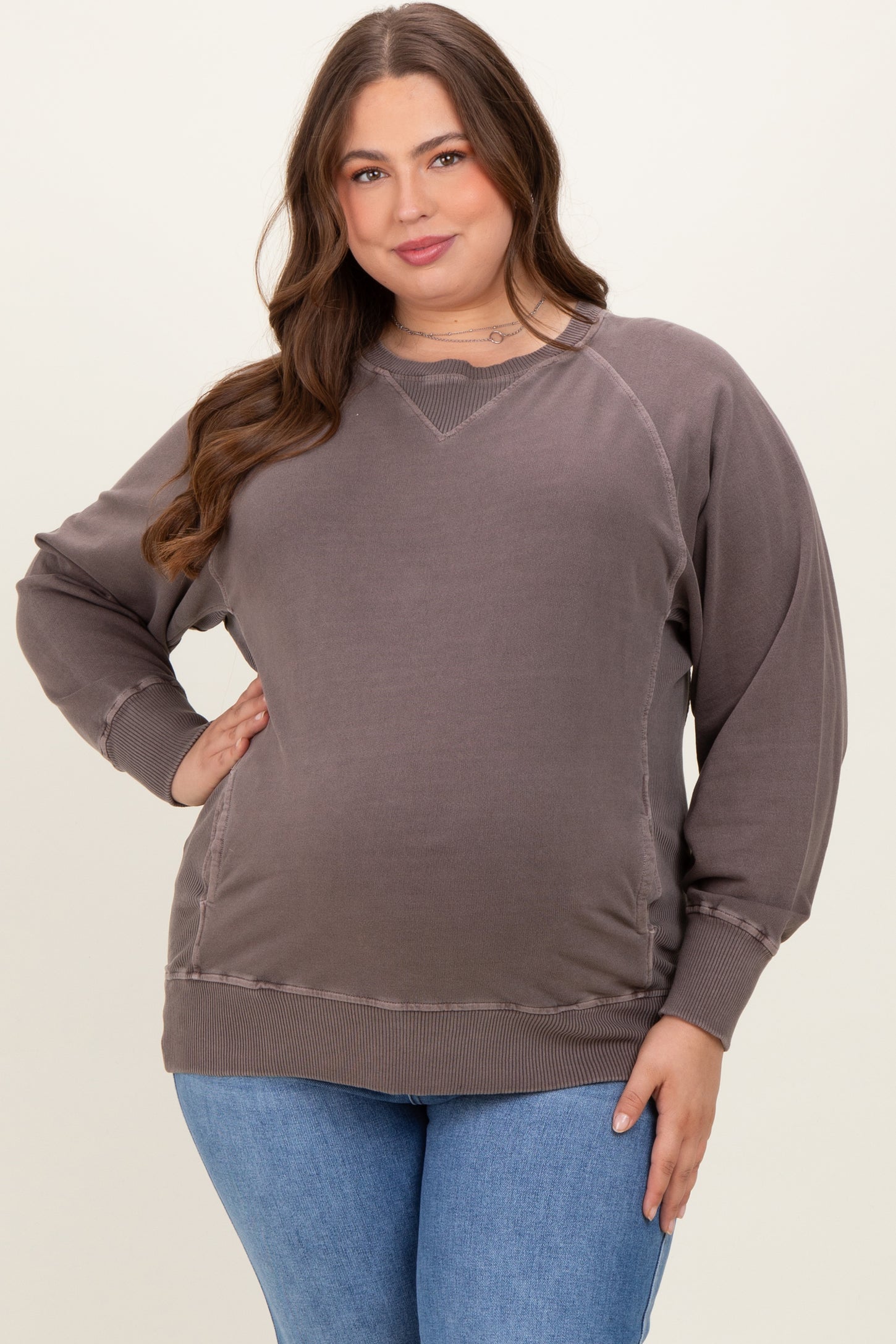 Brown Vintage Wash French Terry Maternity Plus Pullover