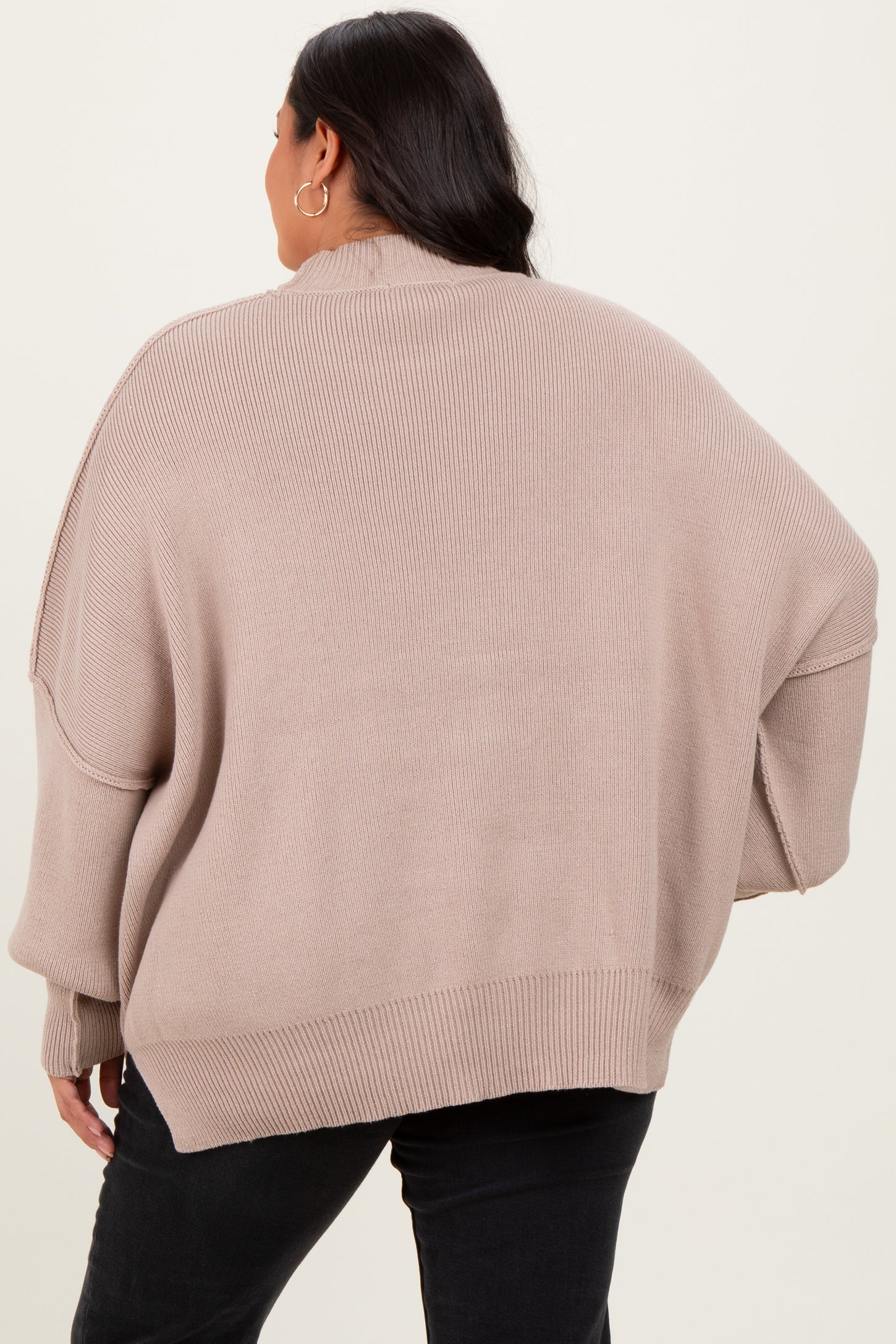 Beige Mock Neck Exposed Seam Sweater