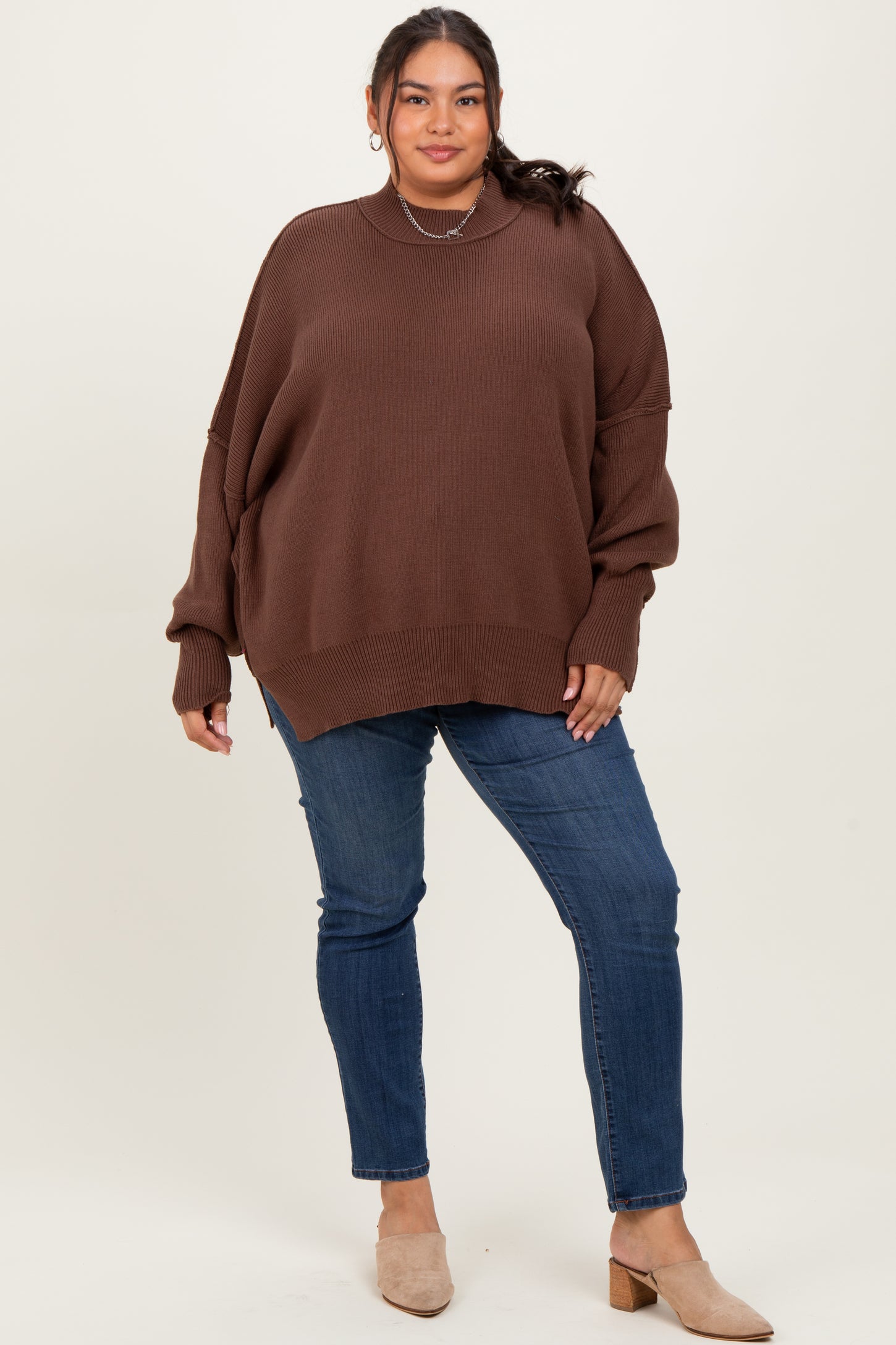 Brown Mock Neck Exposed Seam Sweater