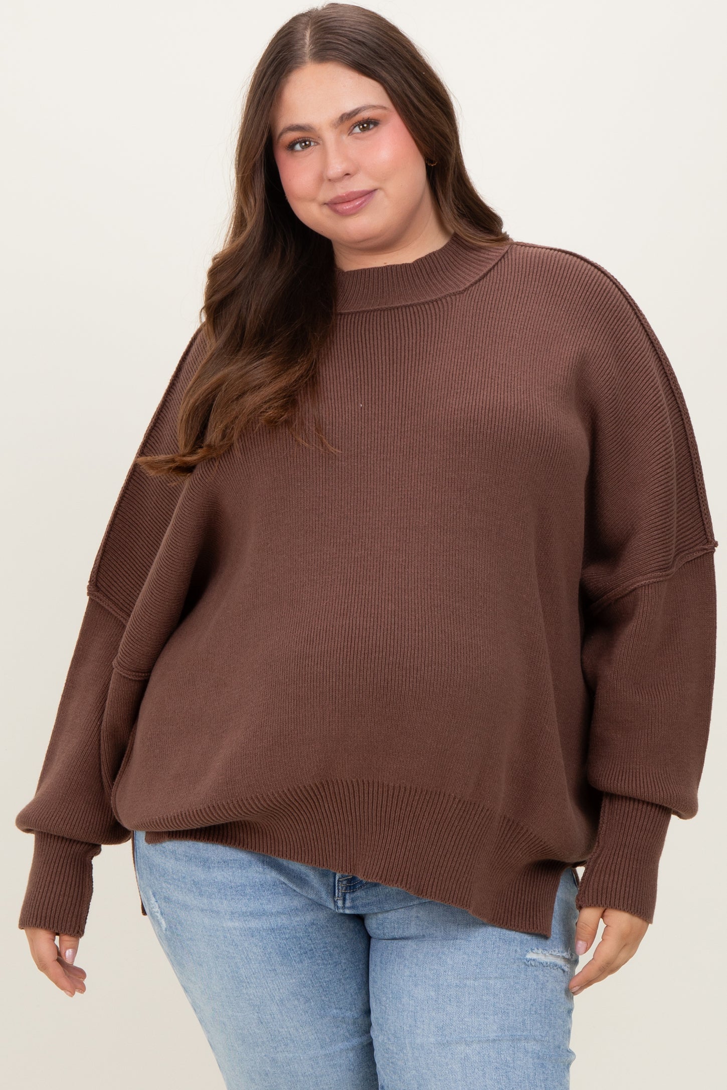 Brown Mock Neck Exposed Seam Maternity Sweater