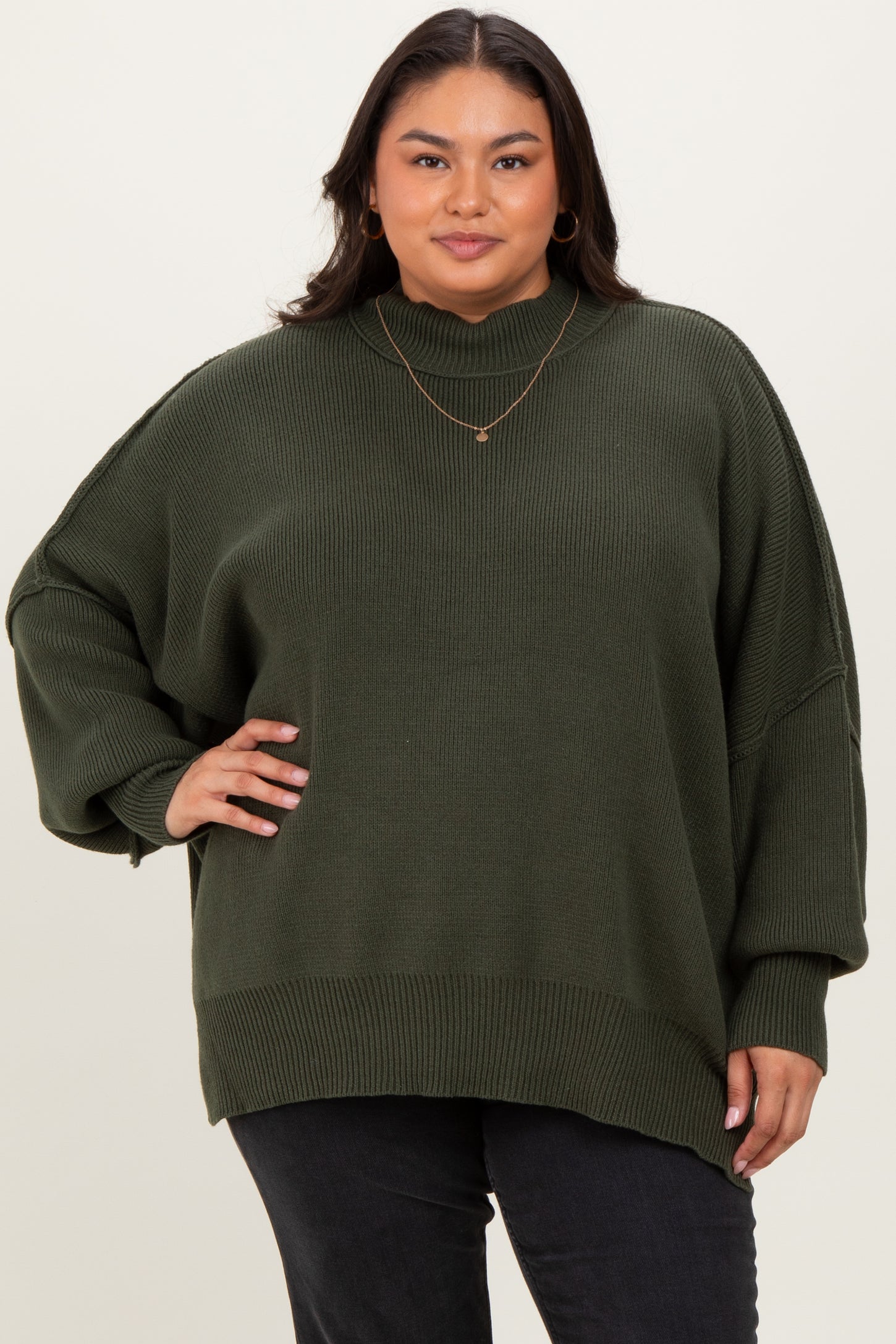 Olive Mock Neck Exposed Seam Sweater