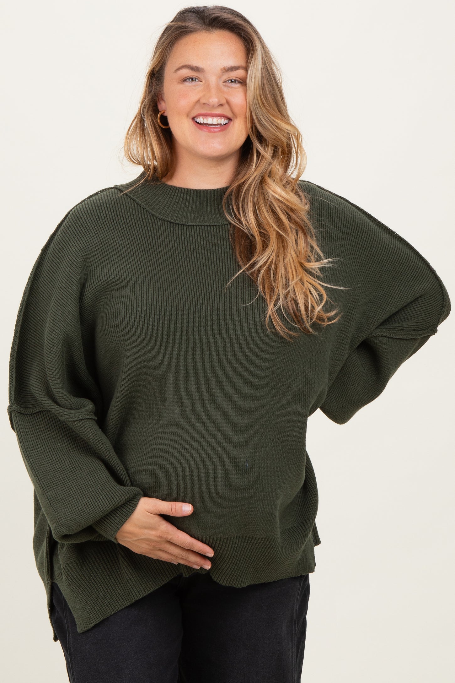 Olive Mock Neck Exposed Seam Maternity Sweater