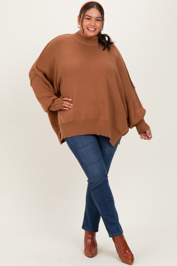 Camel Mock Neck Exposed Seam Sweater