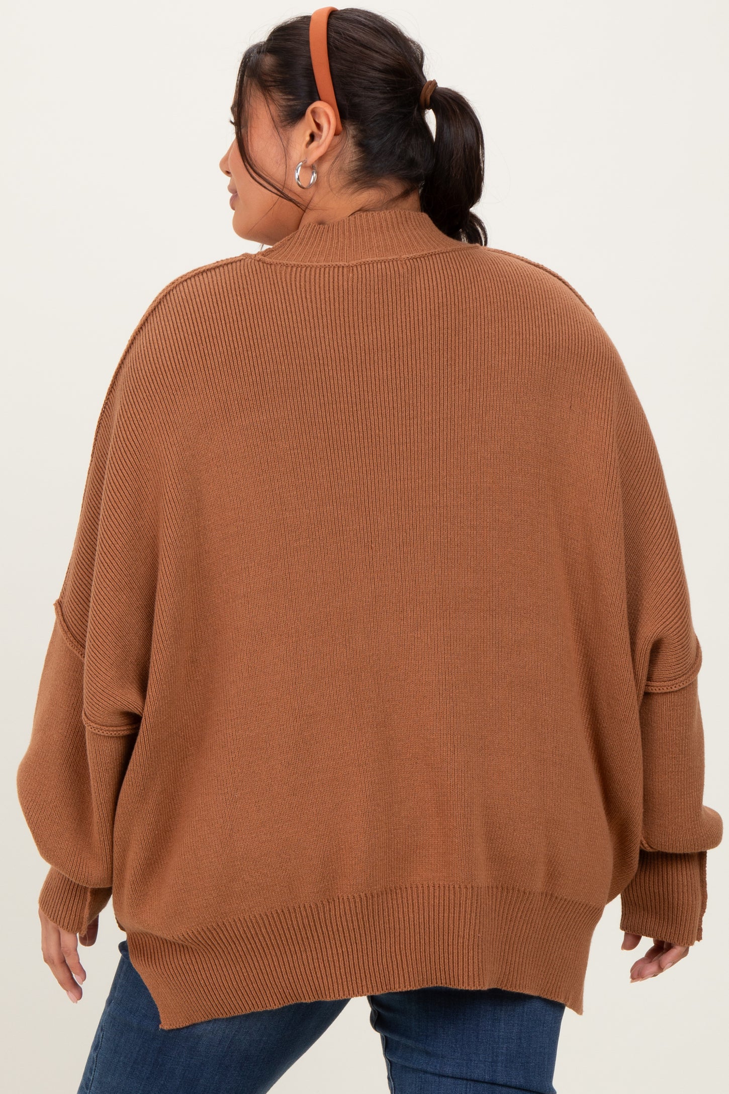 Camel Mock Neck Exposed Seam Sweater