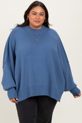 Blue Mock Neck Exposed Seam Maternity Sweater