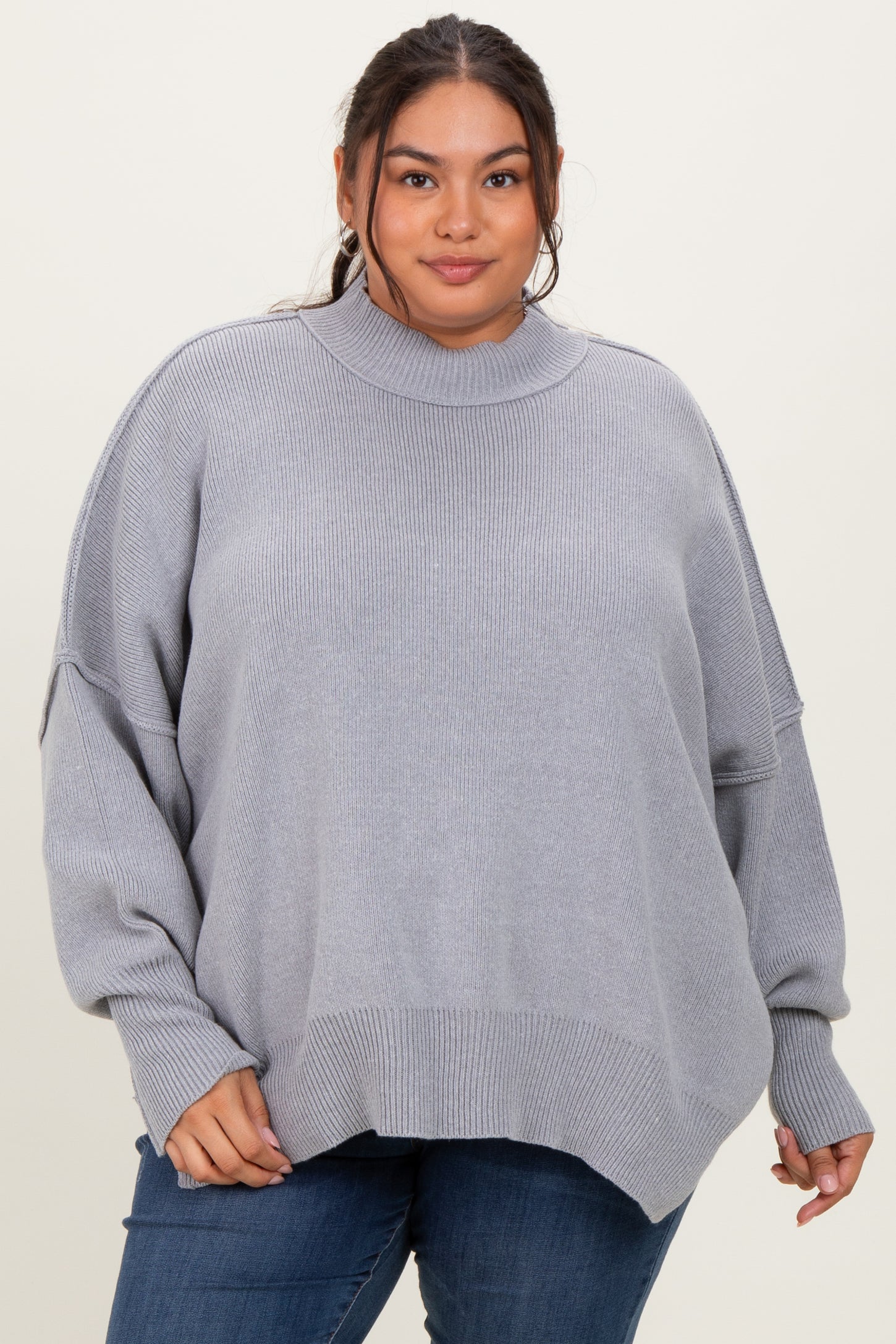Heather Grey Mock Neck Exposed Seam Sweater