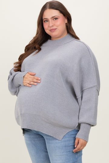 Heather Grey Mock Neck Exposed Seam Maternity Sweater