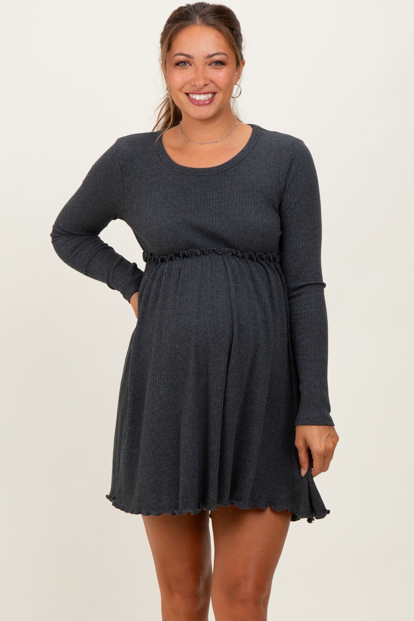 Charcoal Solid Ribbed Long Sleeve Crewneck Shirring Maternity Mini Dre PinkBlush Charcoal Solid Ribbed Long Sleeve Crewneck Shirring Maternity Mini Dre PinkBlush