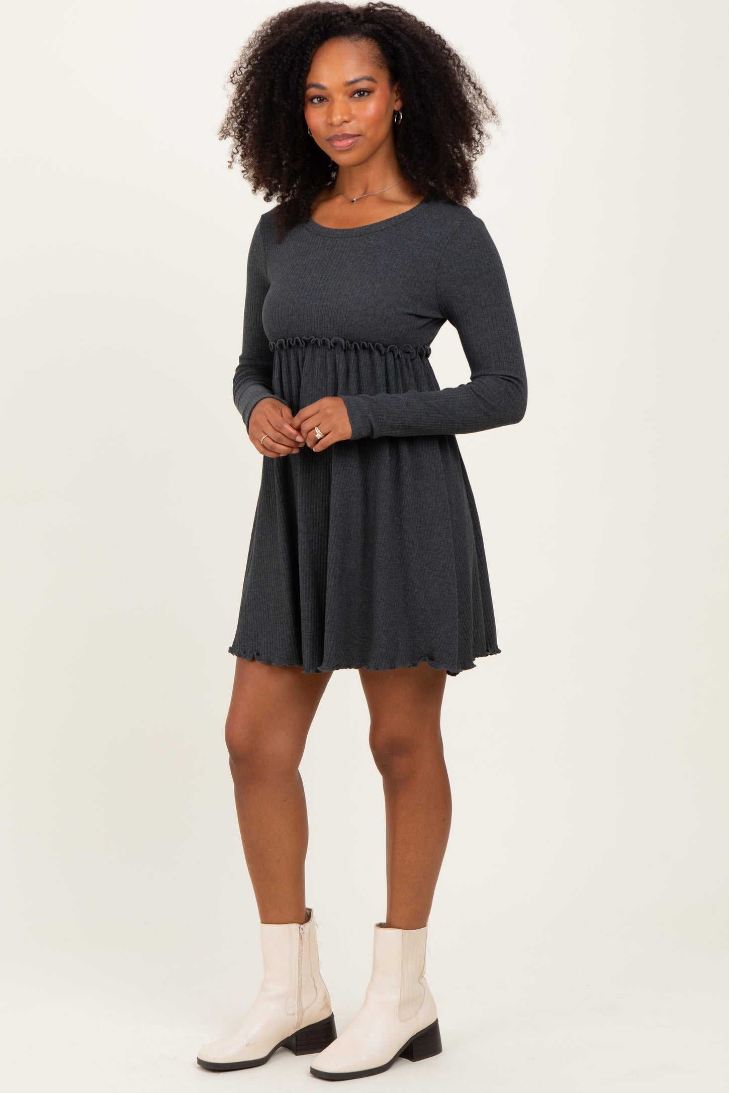 Charcoal Solid Ribbed Long Sleeve Crewneck Shirring Mini Dress