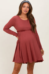 Rust Solid Ribbed Long Sleeve Crewneck Shirring Maternity Mini Dress
