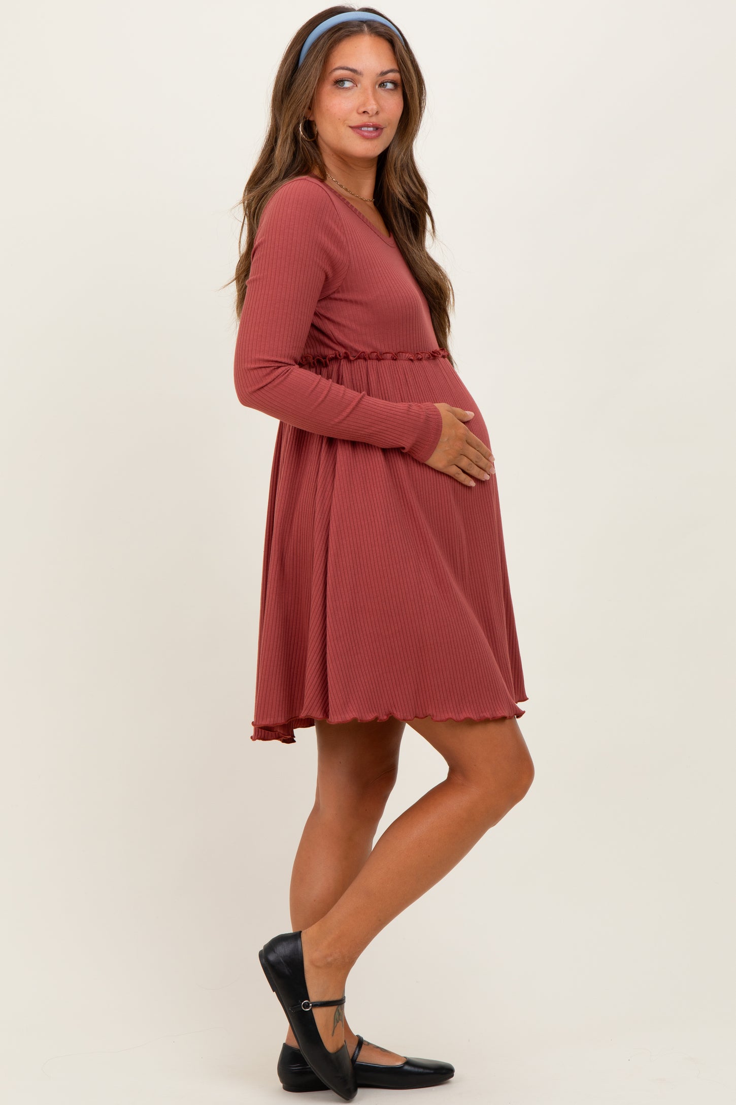 Rust Solid Ribbed Long Sleeve Crewneck Shirring Maternity Mini Dress