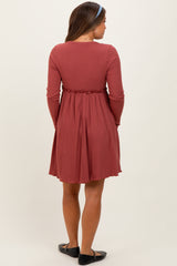 Rust Solid Ribbed Long Sleeve Crewneck Shirring Maternity Mini Dress