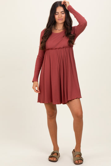 Rust Solid Ribbed Long Sleeve Crewneck Shirring Mini Dress