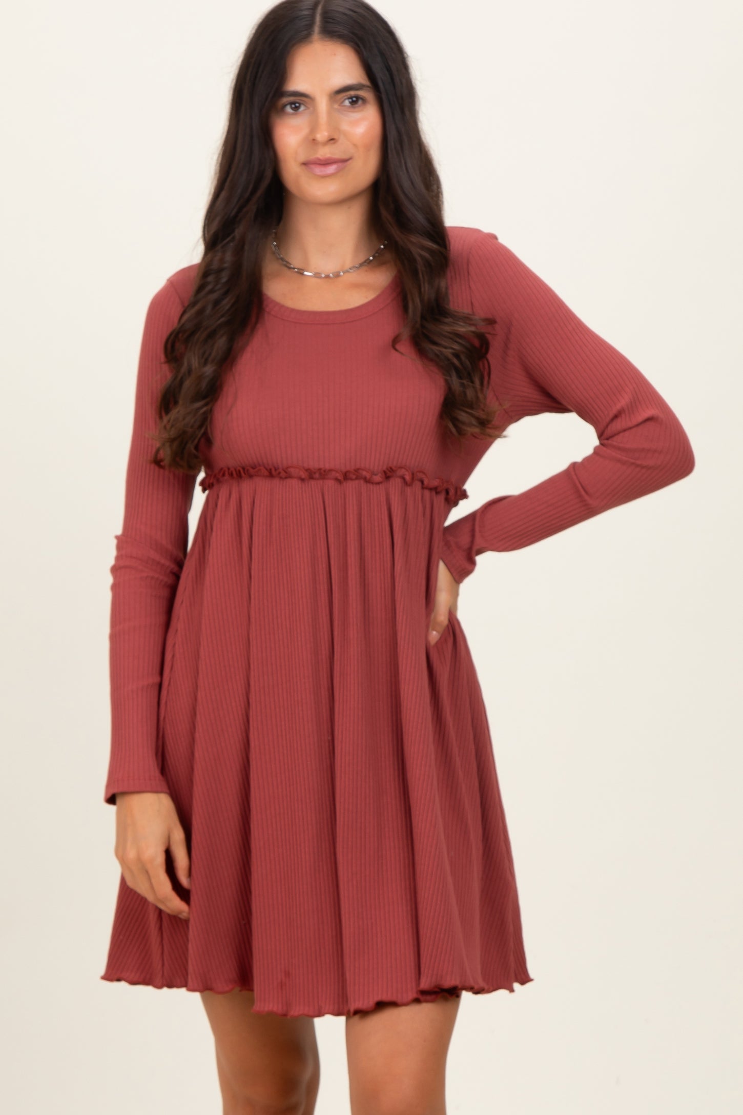 Rust Solid Ribbed Long Sleeve Crewneck Shirring Maternity Mini Dress